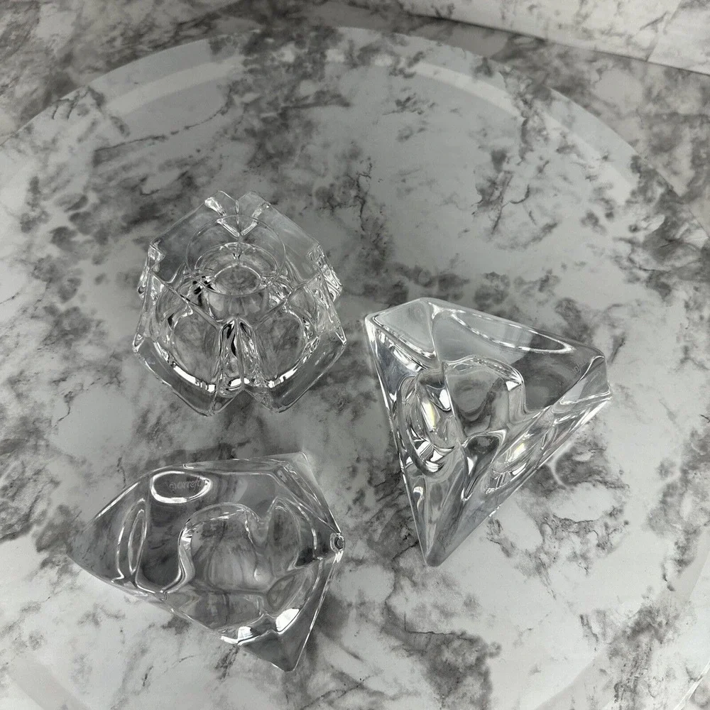 Orrefors Sweden Heavy Crystal Tea Light‎ Votive Holder Set of 3 Geometric